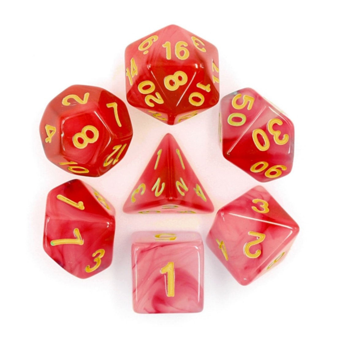 Red Milky 7pc Dice Set Set inked in Gold